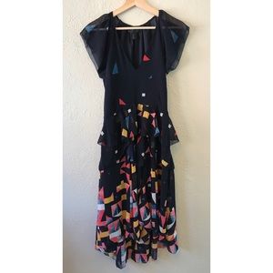 Maison Cinquante Blue Navy Colorful Confetti Layered High-Low Cap Sleeve Dress